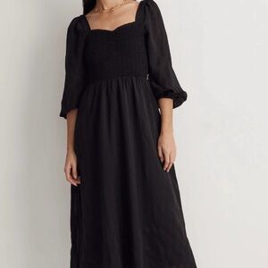 Madewell Lucia Black Smocked Long Sleeve Midi Dress